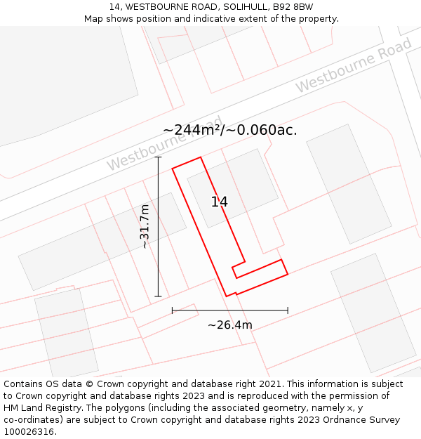 14, WESTBOURNE ROAD, SOLIHULL, B92 8BW: Plot and title map