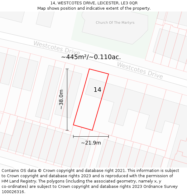 14, WESTCOTES DRIVE, LEICESTER, LE3 0QR: Plot and title map