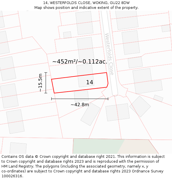 14, WESTERFOLDS CLOSE, WOKING, GU22 8DW: Plot and title map