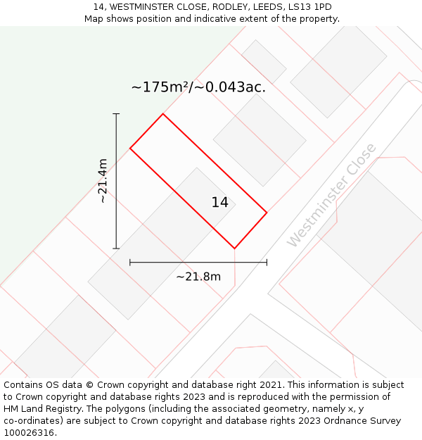 14, WESTMINSTER CLOSE, RODLEY, LEEDS, LS13 1PD: Plot and title map