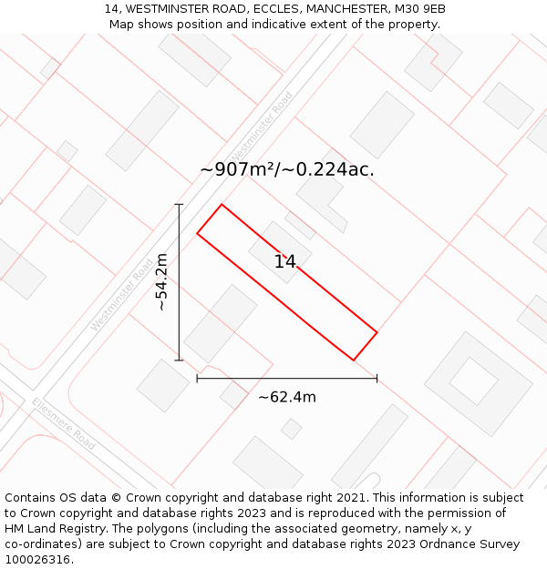 14, WESTMINSTER ROAD, ECCLES, MANCHESTER, M30 9EB: Plot and title map