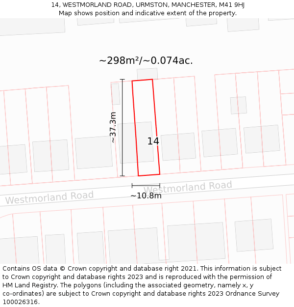14, WESTMORLAND ROAD, URMSTON, MANCHESTER, M41 9HJ: Plot and title map