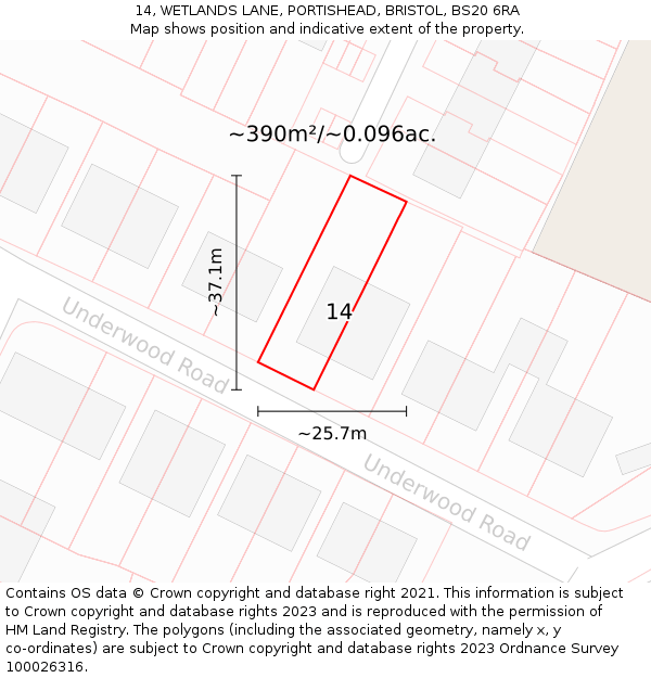 14, WETLANDS LANE, PORTISHEAD, BRISTOL, BS20 6RA: Plot and title map
