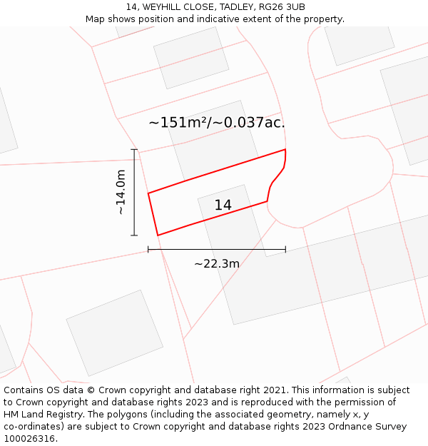 14, WEYHILL CLOSE, TADLEY, RG26 3UB: Plot and title map