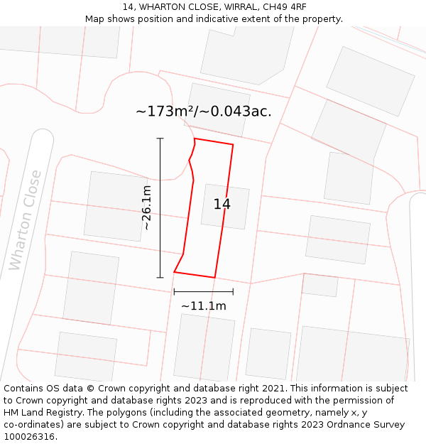 14, WHARTON CLOSE, WIRRAL, CH49 4RF: Plot and title map