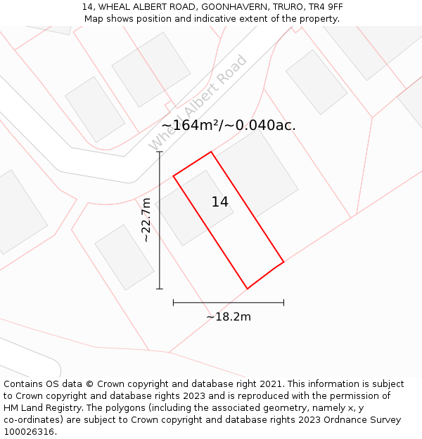 14, WHEAL ALBERT ROAD, GOONHAVERN, TRURO, TR4 9FF: Plot and title map