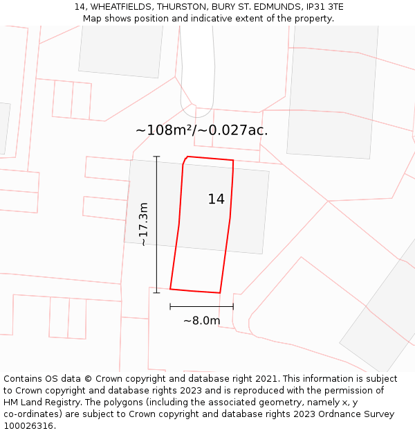 14, WHEATFIELDS, THURSTON, BURY ST. EDMUNDS, IP31 3TE: Plot and title map