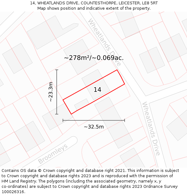 14, WHEATLANDS DRIVE, COUNTESTHORPE, LEICESTER, LE8 5RT: Plot and title map