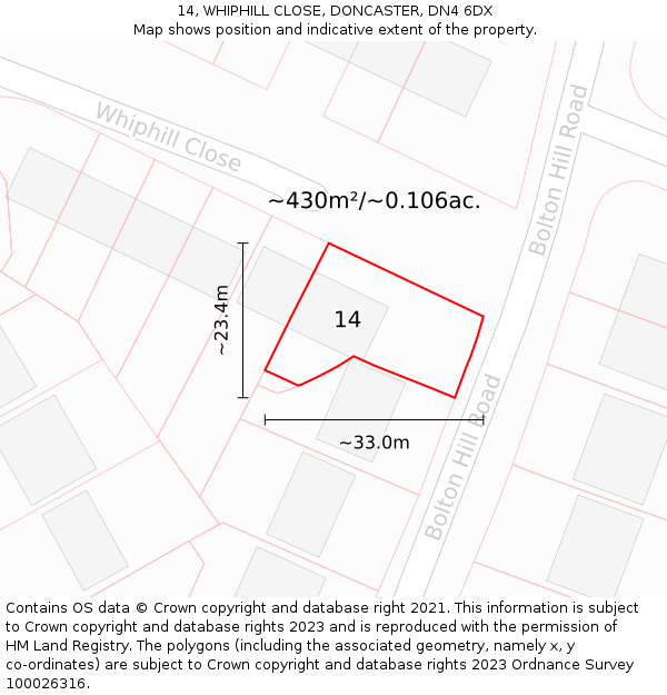 14, WHIPHILL CLOSE, DONCASTER, DN4 6DX: Plot and title map