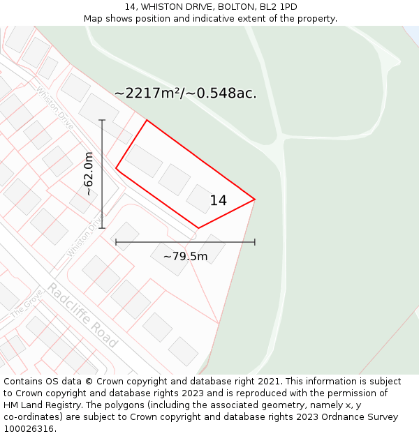 14, WHISTON DRIVE, BOLTON, BL2 1PD: Plot and title map