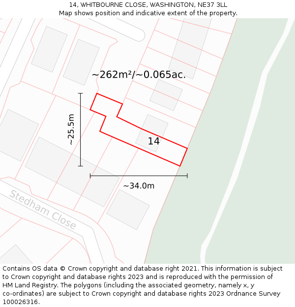 14, WHITBOURNE CLOSE, WASHINGTON, NE37 3LL: Plot and title map