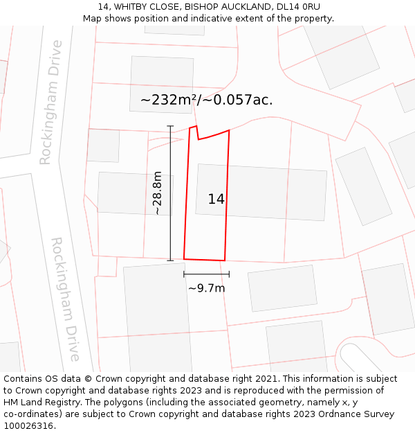 14, WHITBY CLOSE, BISHOP AUCKLAND, DL14 0RU: Plot and title map