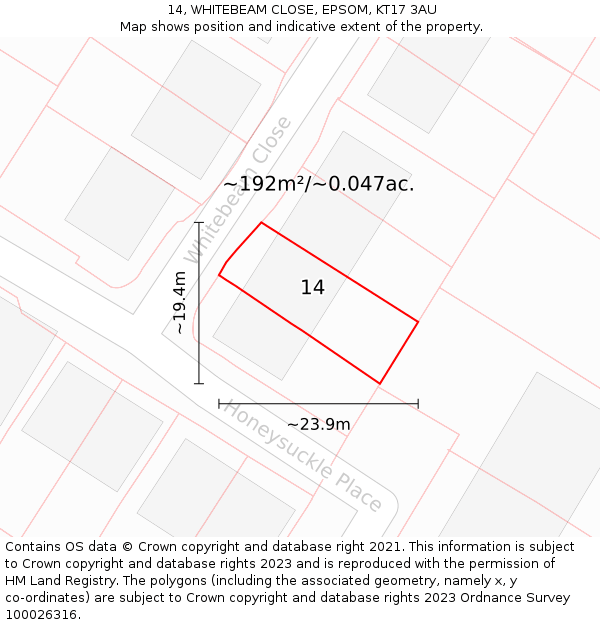 14, WHITEBEAM CLOSE, EPSOM, KT17 3AU: Plot and title map