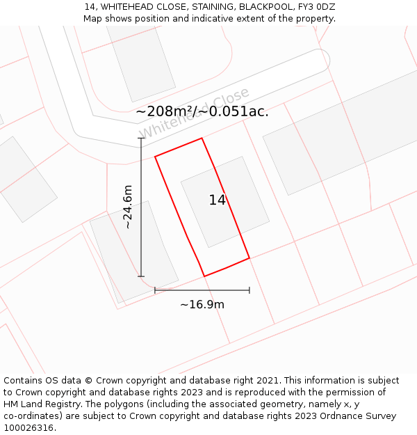 14, WHITEHEAD CLOSE, STAINING, BLACKPOOL, FY3 0DZ: Plot and title map