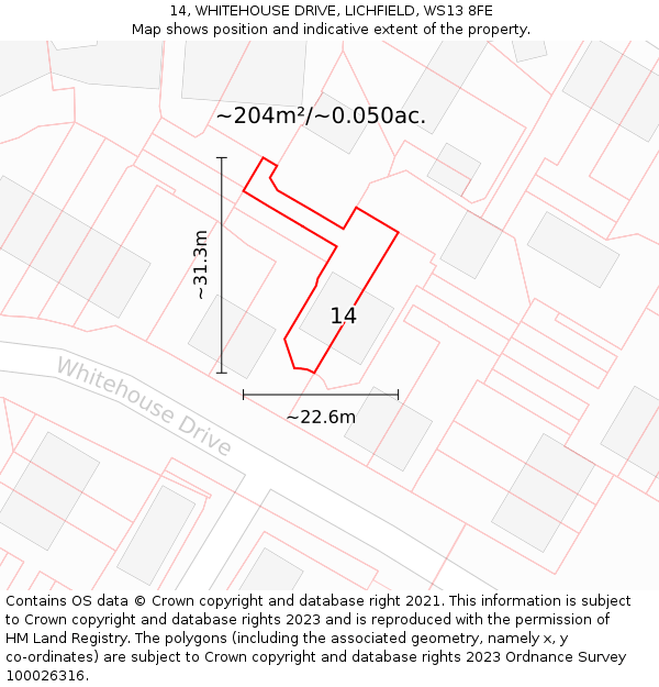 14, WHITEHOUSE DRIVE, LICHFIELD, WS13 8FE: Plot and title map