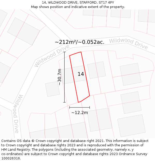 14, WILDWOOD DRIVE, STAFFORD, ST17 4PY: Plot and title map
