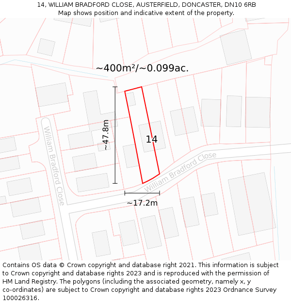 14, WILLIAM BRADFORD CLOSE, AUSTERFIELD, DONCASTER, DN10 6RB: Plot and title map