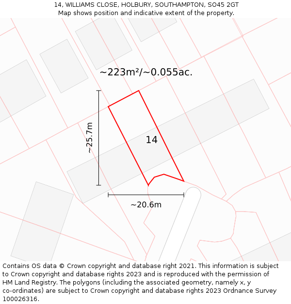 14, WILLIAMS CLOSE, HOLBURY, SOUTHAMPTON, SO45 2GT: Plot and title map