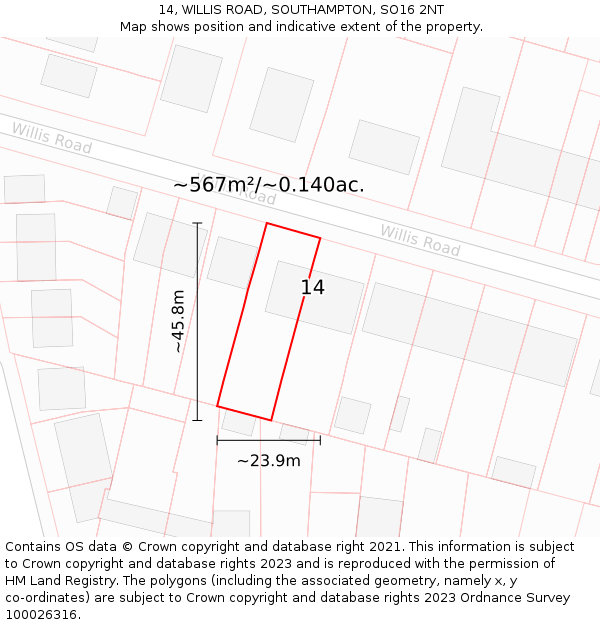 14, WILLIS ROAD, SOUTHAMPTON, SO16 2NT: Plot and title map