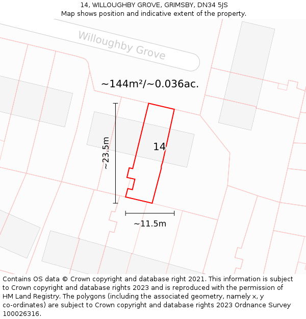 14, WILLOUGHBY GROVE, GRIMSBY, DN34 5JS: Plot and title map