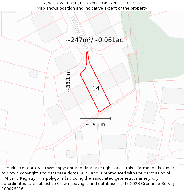 14, WILLOW CLOSE, BEDDAU, PONTYPRIDD, CF38 2SJ: Plot and title map