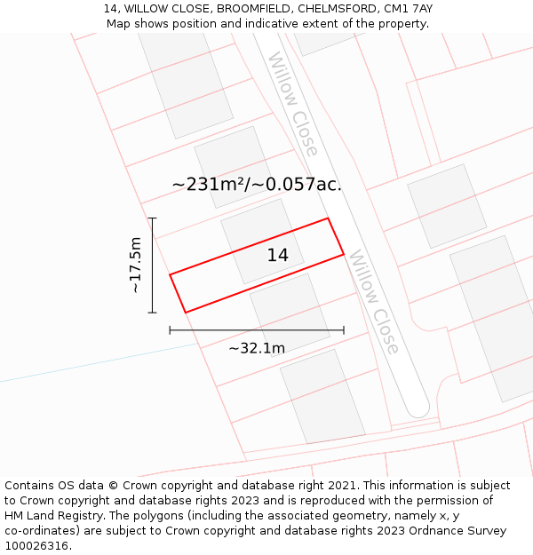 14, WILLOW CLOSE, BROOMFIELD, CHELMSFORD, CM1 7AY: Plot and title map