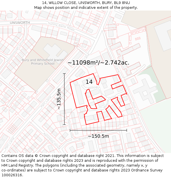 14, WILLOW CLOSE, UNSWORTH, BURY, BL9 8NU: Plot and title map