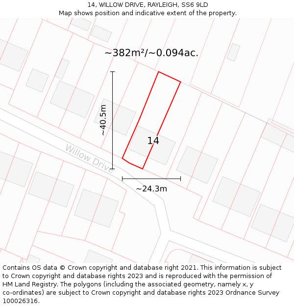 14, WILLOW DRIVE, RAYLEIGH, SS6 9LD: Plot and title map