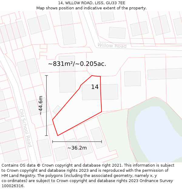 14, WILLOW ROAD, LISS, GU33 7EE: Plot and title map
