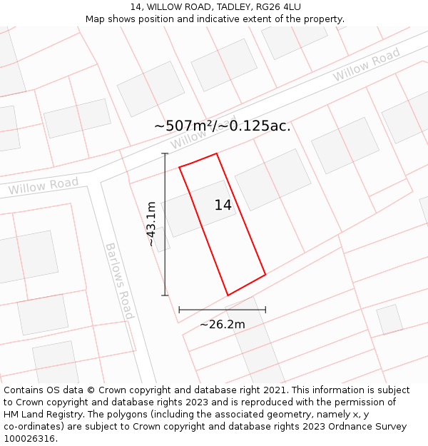 14, WILLOW ROAD, TADLEY, RG26 4LU: Plot and title map