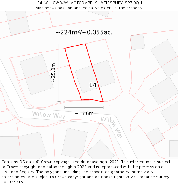 14, WILLOW WAY, MOTCOMBE, SHAFTESBURY, SP7 9QH: Plot and title map