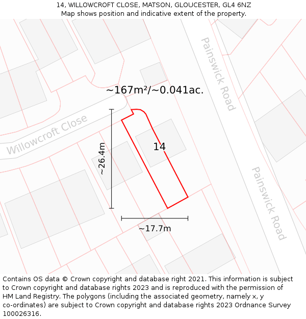 14, WILLOWCROFT CLOSE, MATSON, GLOUCESTER, GL4 6NZ: Plot and title map