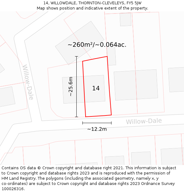 14, WILLOWDALE, THORNTON-CLEVELEYS, FY5 5JW: Plot and title map