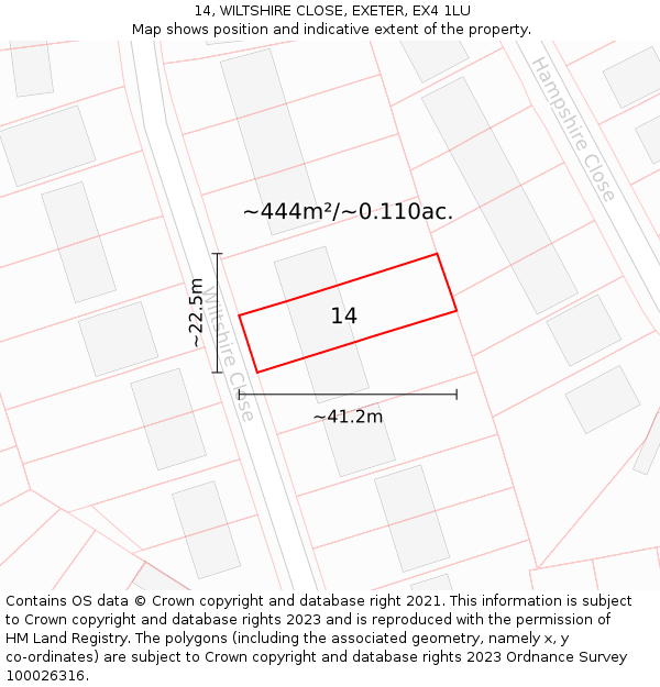 14, WILTSHIRE CLOSE, EXETER, EX4 1LU: Plot and title map