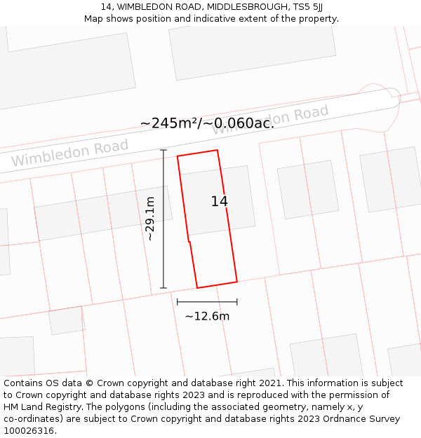 14, WIMBLEDON ROAD, MIDDLESBROUGH, TS5 5JJ: Plot and title map