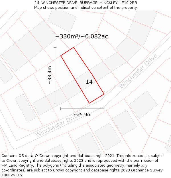 14, WINCHESTER DRIVE, BURBAGE, HINCKLEY, LE10 2BB: Plot and title map