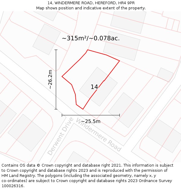 14, WINDERMERE ROAD, HEREFORD, HR4 9PR: Plot and title map