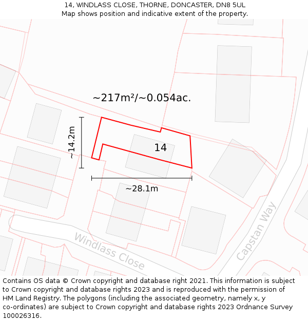 14, WINDLASS CLOSE, THORNE, DONCASTER, DN8 5UL: Plot and title map