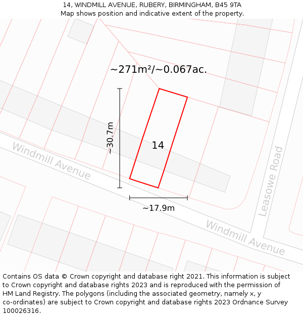 14, WINDMILL AVENUE, RUBERY, BIRMINGHAM, B45 9TA: Plot and title map