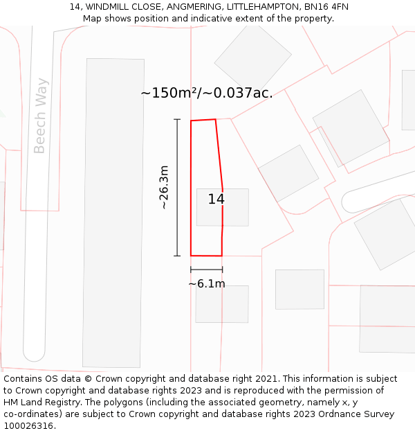 14, WINDMILL CLOSE, ANGMERING, LITTLEHAMPTON, BN16 4FN: Plot and title map