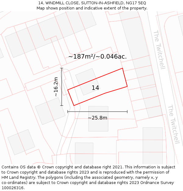 14, WINDMILL CLOSE, SUTTON-IN-ASHFIELD, NG17 5EQ: Plot and title map