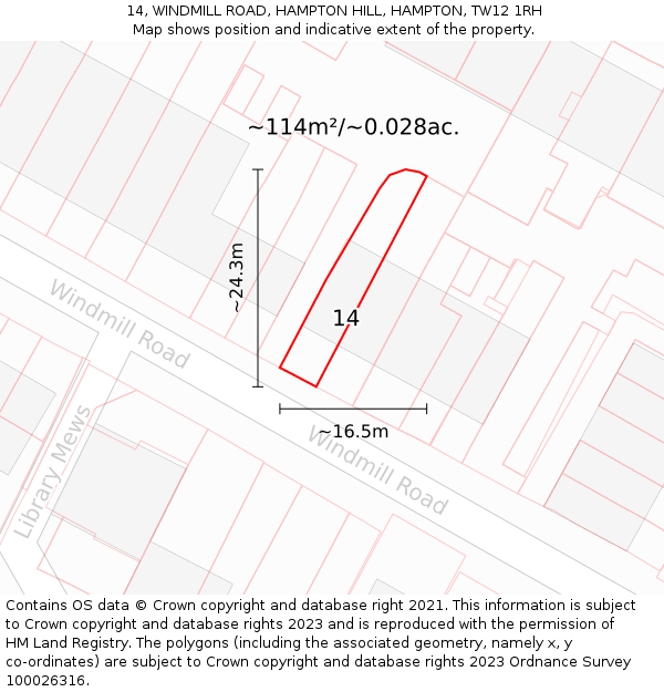 14, WINDMILL ROAD, HAMPTON HILL, HAMPTON, TW12 1RH: Plot and title map