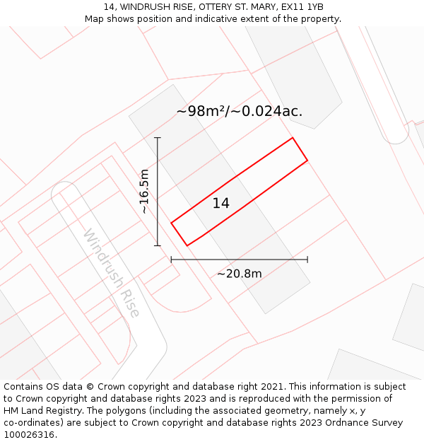 14, WINDRUSH RISE, OTTERY ST. MARY, EX11 1YB: Plot and title map