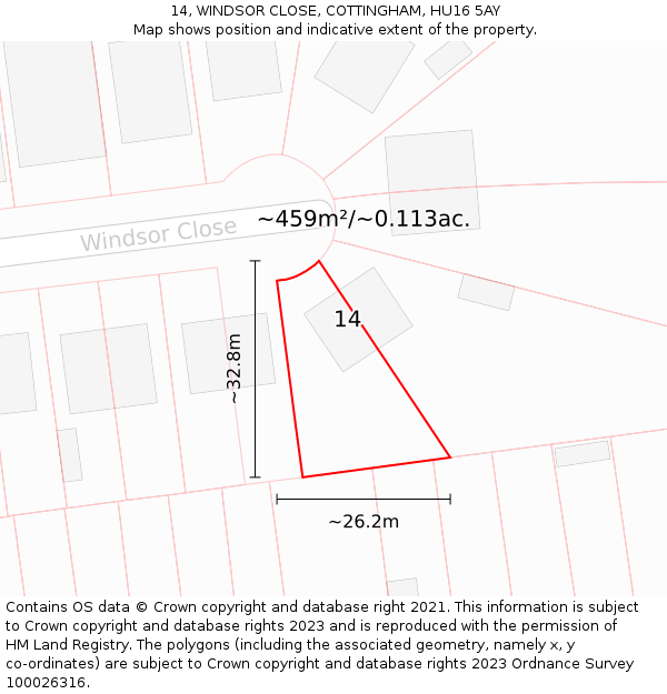 14, WINDSOR CLOSE, COTTINGHAM, HU16 5AY: Plot and title map