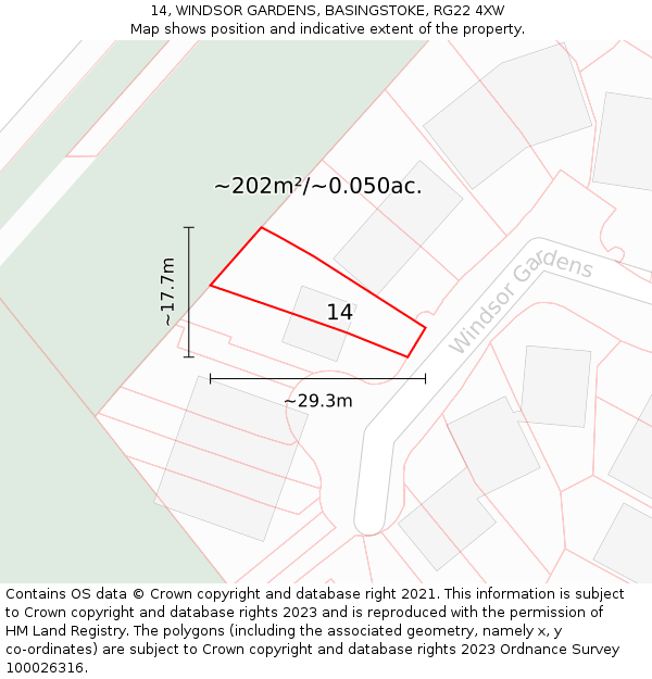 14, WINDSOR GARDENS, BASINGSTOKE, RG22 4XW: Plot and title map
