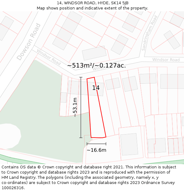 14, WINDSOR ROAD, HYDE, SK14 5JB: Plot and title map
