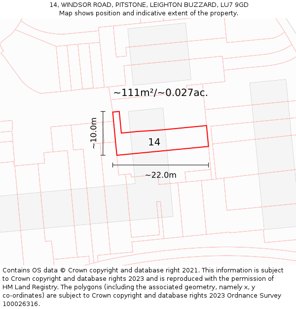 14, WINDSOR ROAD, PITSTONE, LEIGHTON BUZZARD, LU7 9GD: Plot and title map