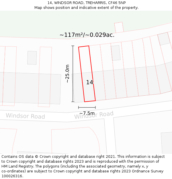 14, WINDSOR ROAD, TREHARRIS, CF46 5NP: Plot and title map