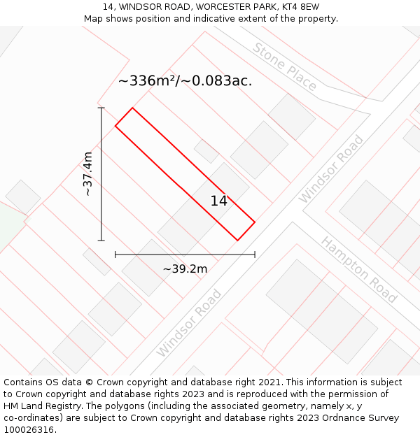 14, WINDSOR ROAD, WORCESTER PARK, KT4 8EW: Plot and title map
