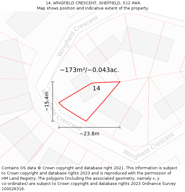 14, WINGFIELD CRESCENT, SHEFFIELD, S12 4WA: Plot and title map
